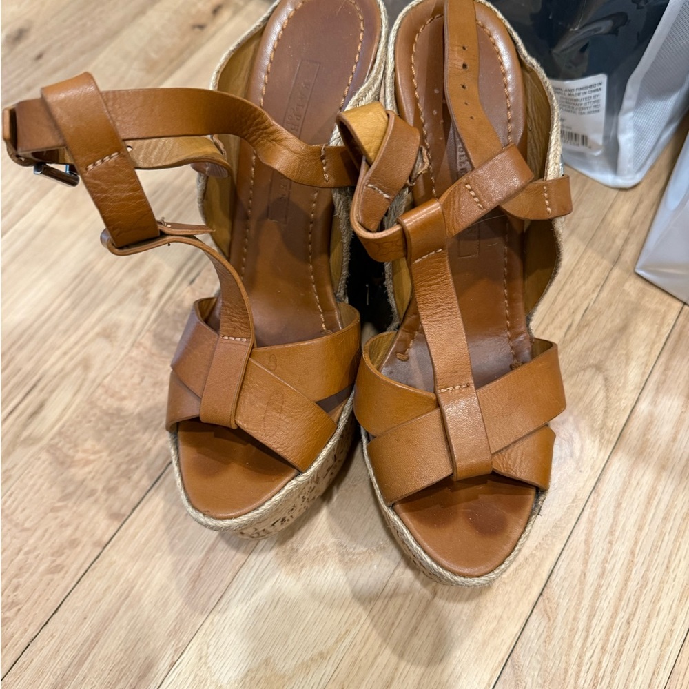 Ralph Lauren Brown Leather Espadrille Wedge Sandals